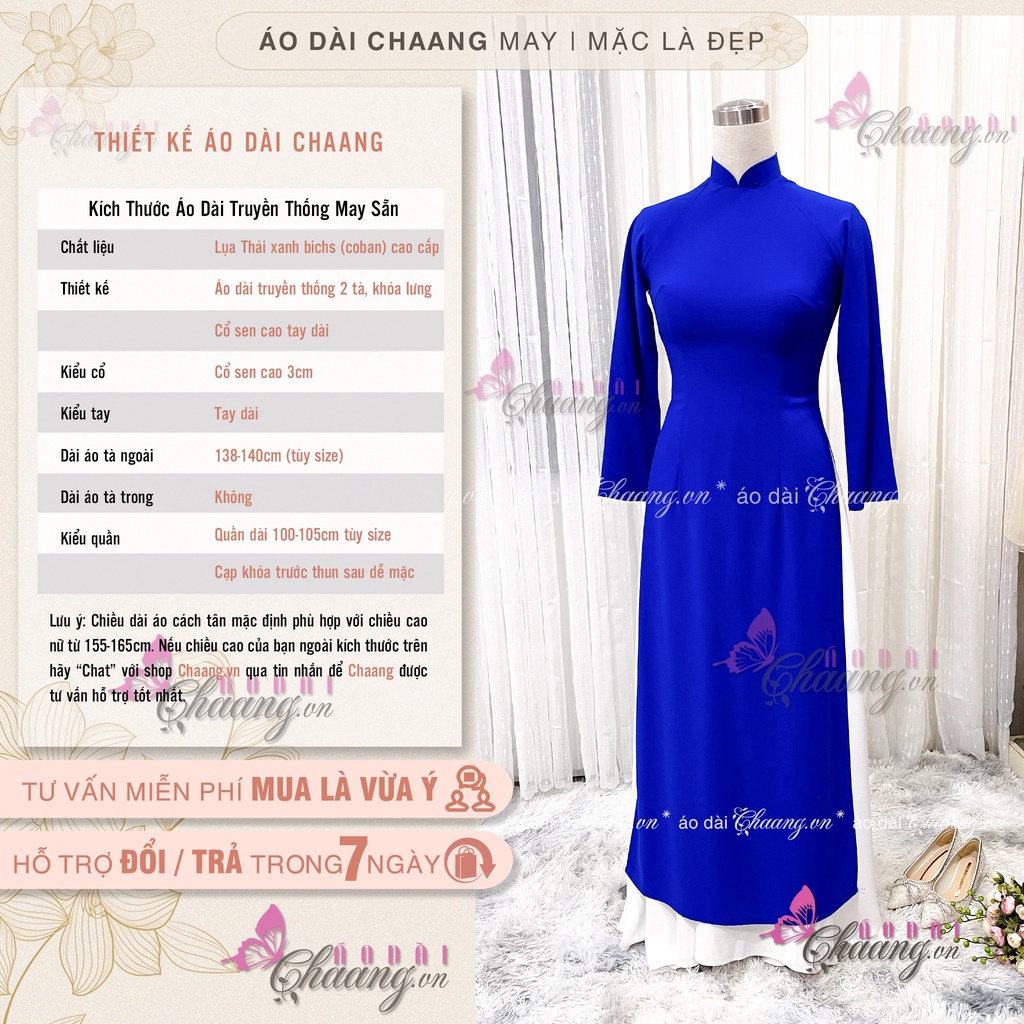 Áo dài xanh coban Chaang May sẵn áo dài truyền thống vải lụa đẹp