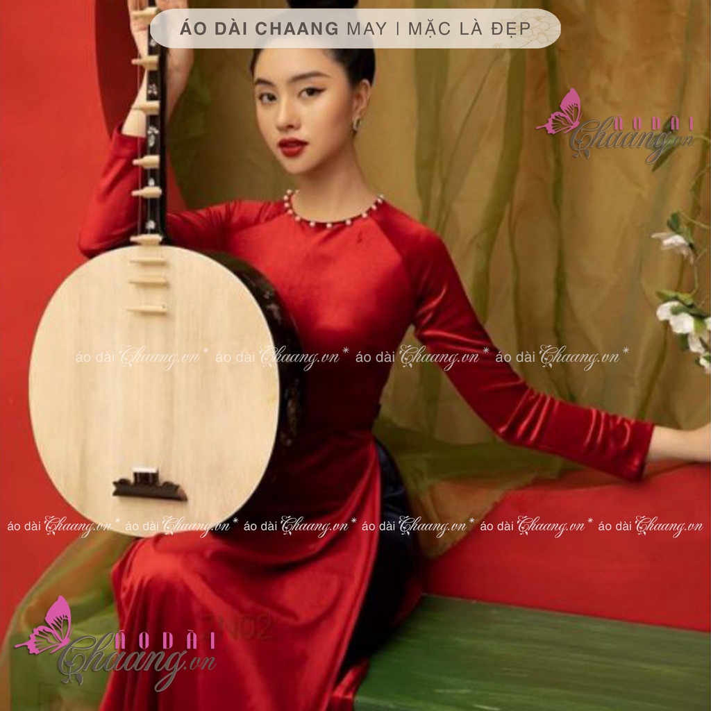 Áo dài cổ tròn đính đá ngọc Chaang May sẵn áo truyền thống vải nhung đỏ đô tươi đẹp