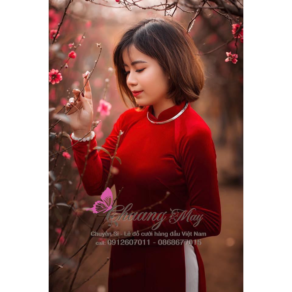 Áo dài nhung đỏ vai bồng may sẵn dáng truyền thống cổ cao tay phồng dài đẹp