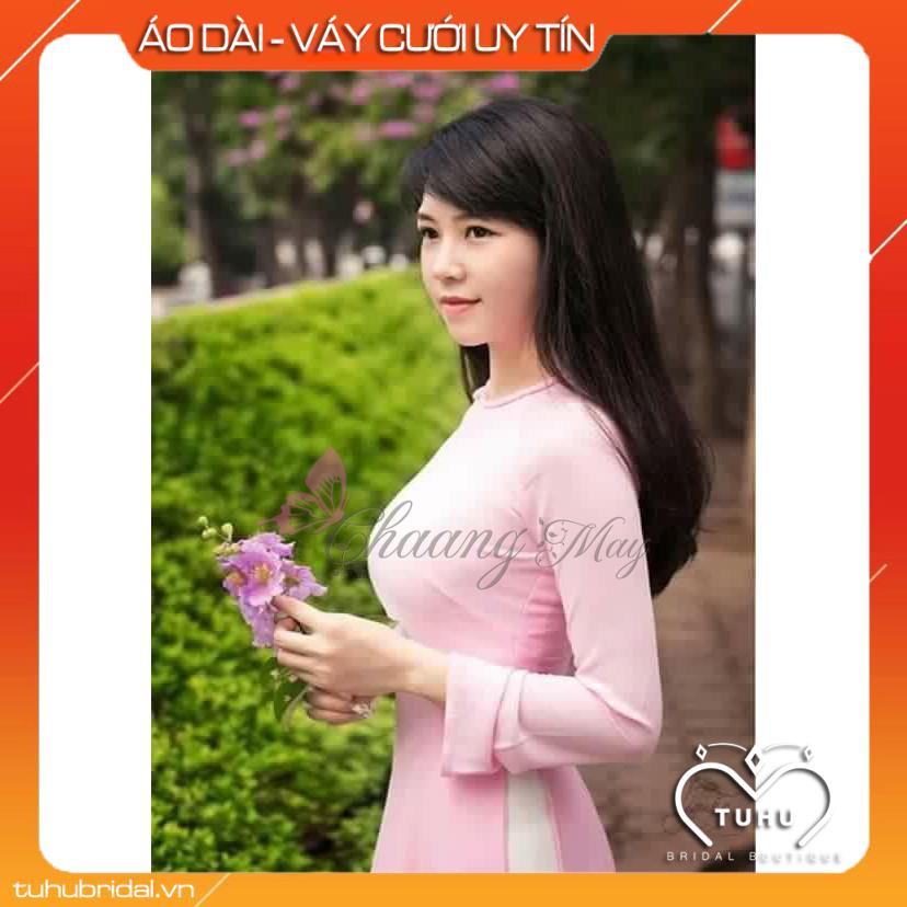 Áo dài cổ tròn màu hồng Chaang may sẵn áo truyền thống tay dài, vải lụa tằm