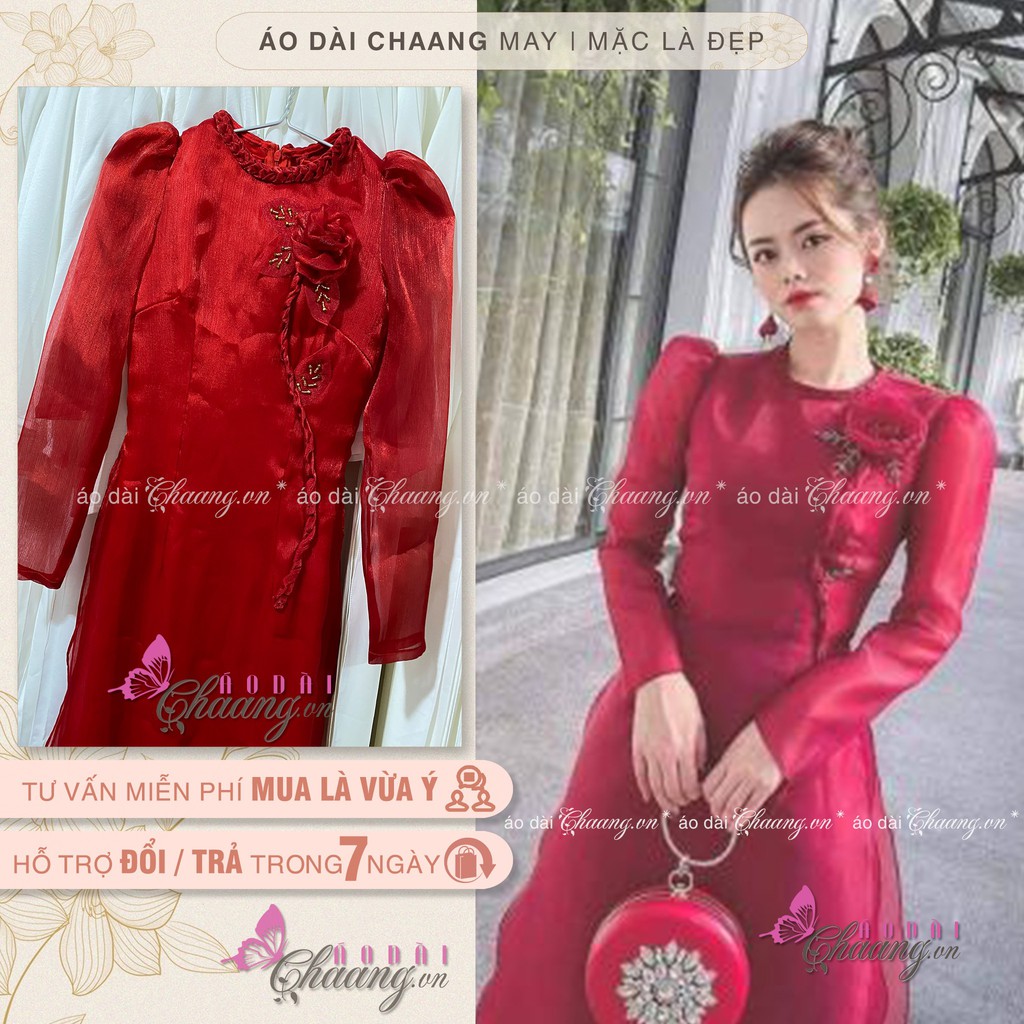 Áo Dài Cách Tân Nữ Cao Cấp May Sẵn Tay Bồng Lụa Tơ 4 Tà Cổ Tròn Kết Hoa Thủ Công Phù Hợp Dự Tiệc Lễ Tết Đẹp