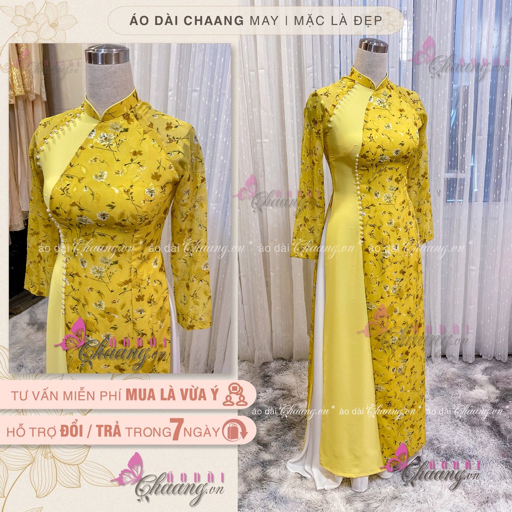 Áo dài hoa nhí hạt ngọc Chaang may sẵn Dáng áo truyền thống kiểu áo tà lệch