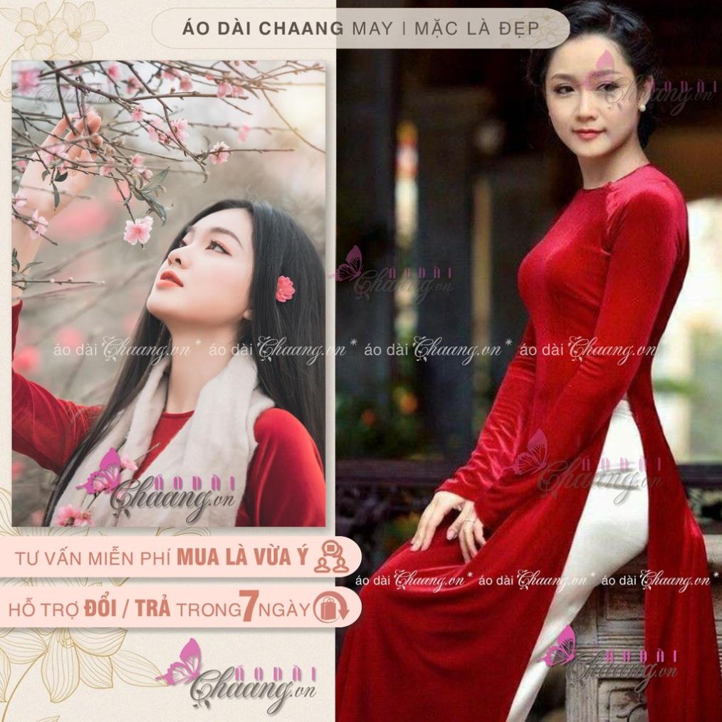 Áo dài cổ tròn đính đá ngọc Chaang May sẵn áo truyền thống vải nhung đỏ đô tươi đẹp