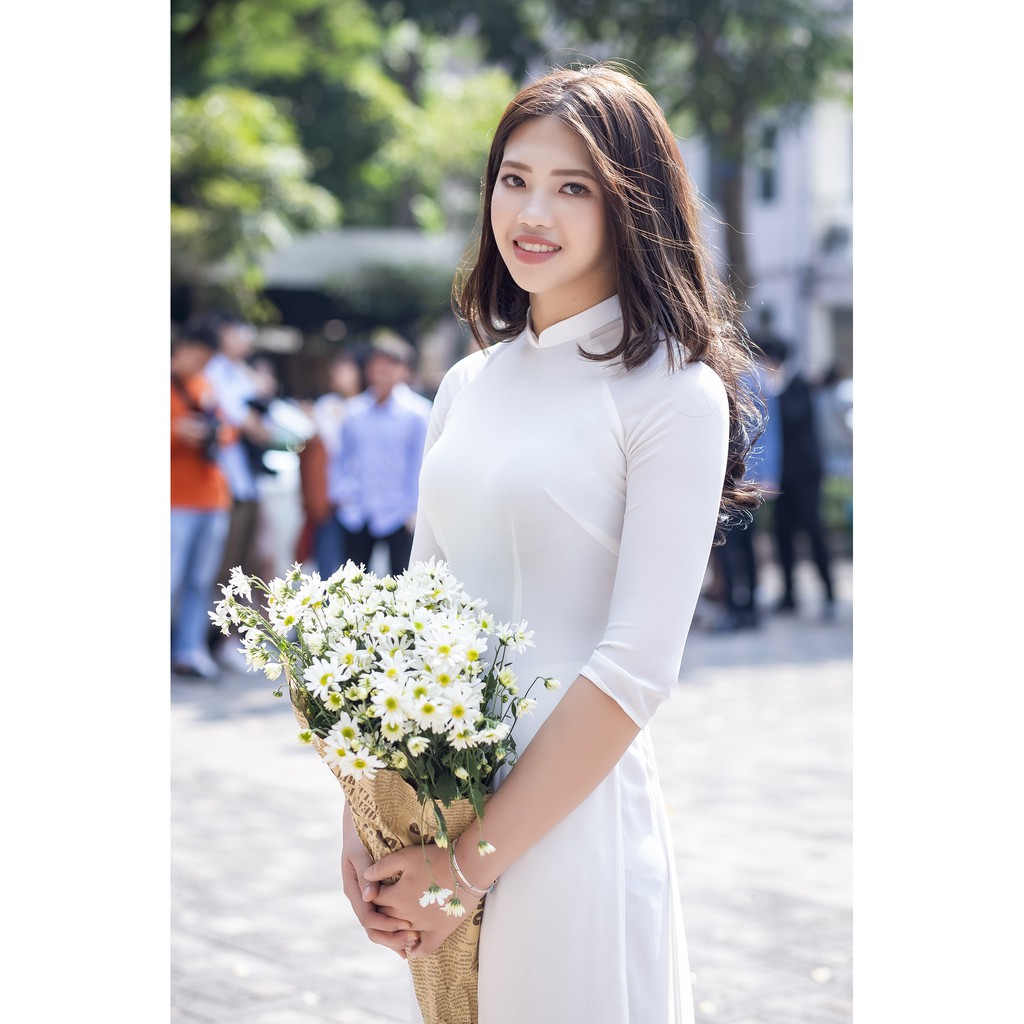 Áo dài trắng đi học nữ học sinh cấp 3 may sẵn truyền thống lụa Mỹ đẹp màu sứ xanh