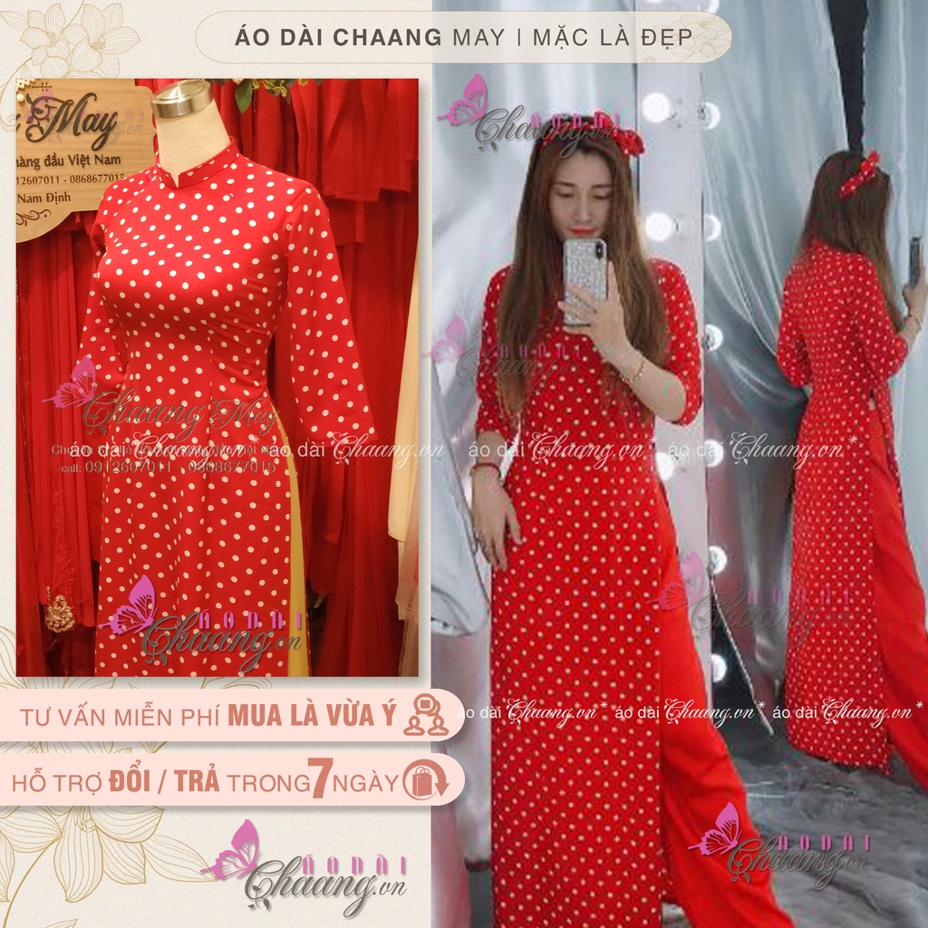 Áo Dài Đỏ Tươi Chấm Bi Trắng May Sẵn Áo Dài Truyền Thống Cổ Vuông Tay Lỡ Lụa Mặc Tết Đẹp
