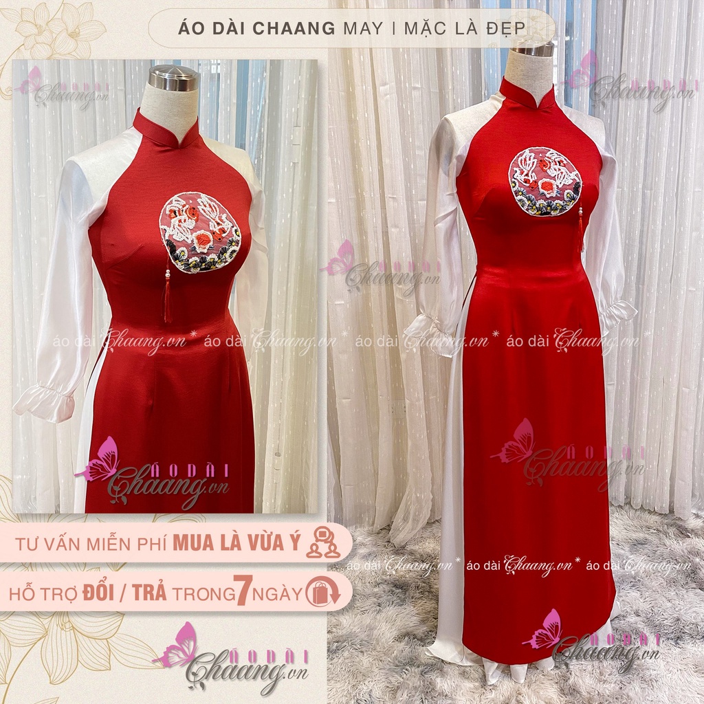 Áo Dài Cách Tân Nữ Lụa Đỏ Vàng Tay Bồng Tơ Nhũ Trắng May Sẵn Dự Tiệc Du Xuân Lễ Tết Đẹp