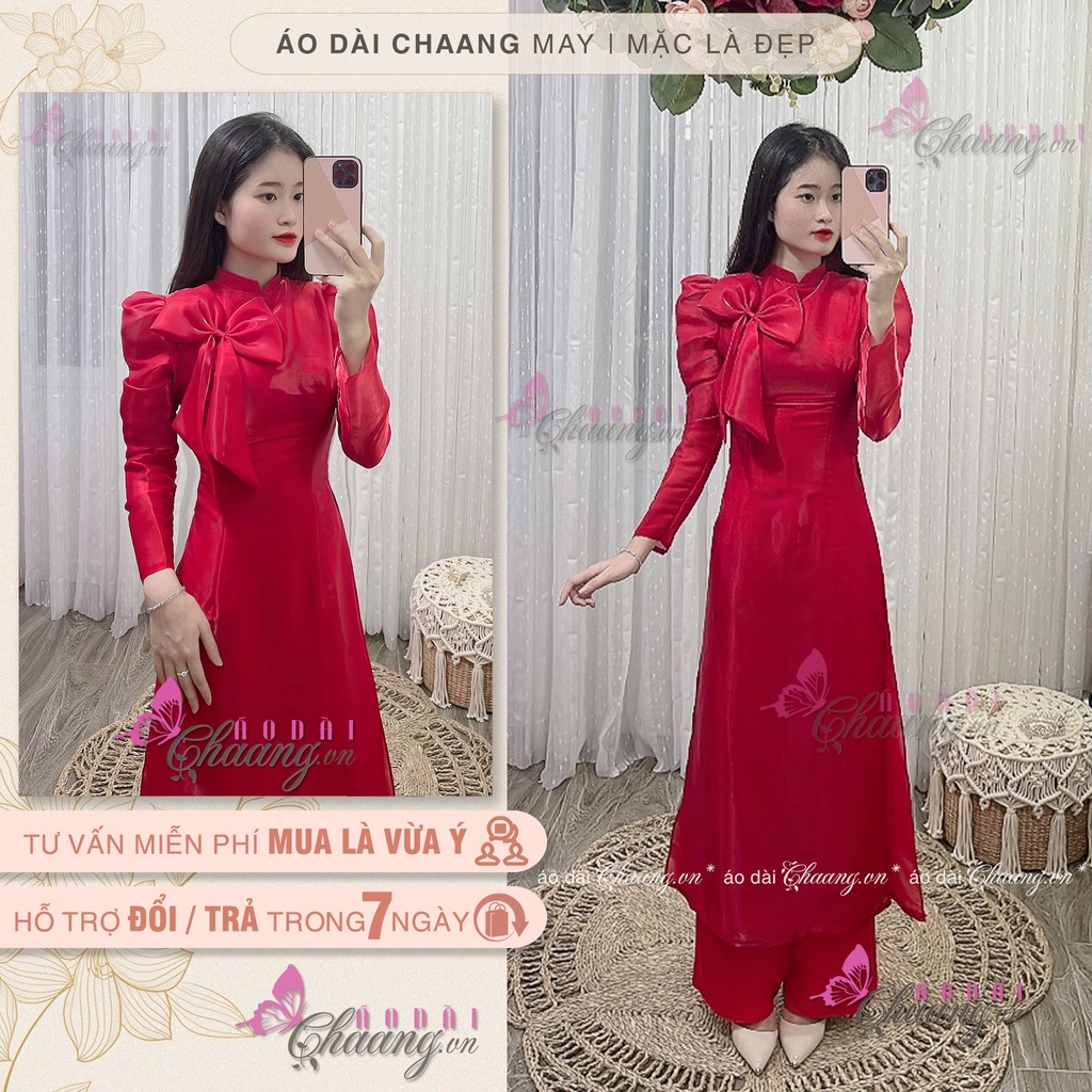 Áo Dài Cách Tân Nữ Đính Nơ Tơ Óng Trên Ngực CHAANG May Sẵn 4 Tà Tay Bồng Lỡ Đẹp