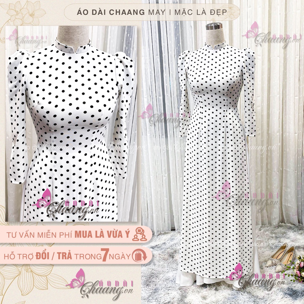 Áo Dài Truyền Thống Chấm Bi Vàng Vai Bồng May Sẵn Lụa Thái Cổ Vuông Đẹp ChaangBi08