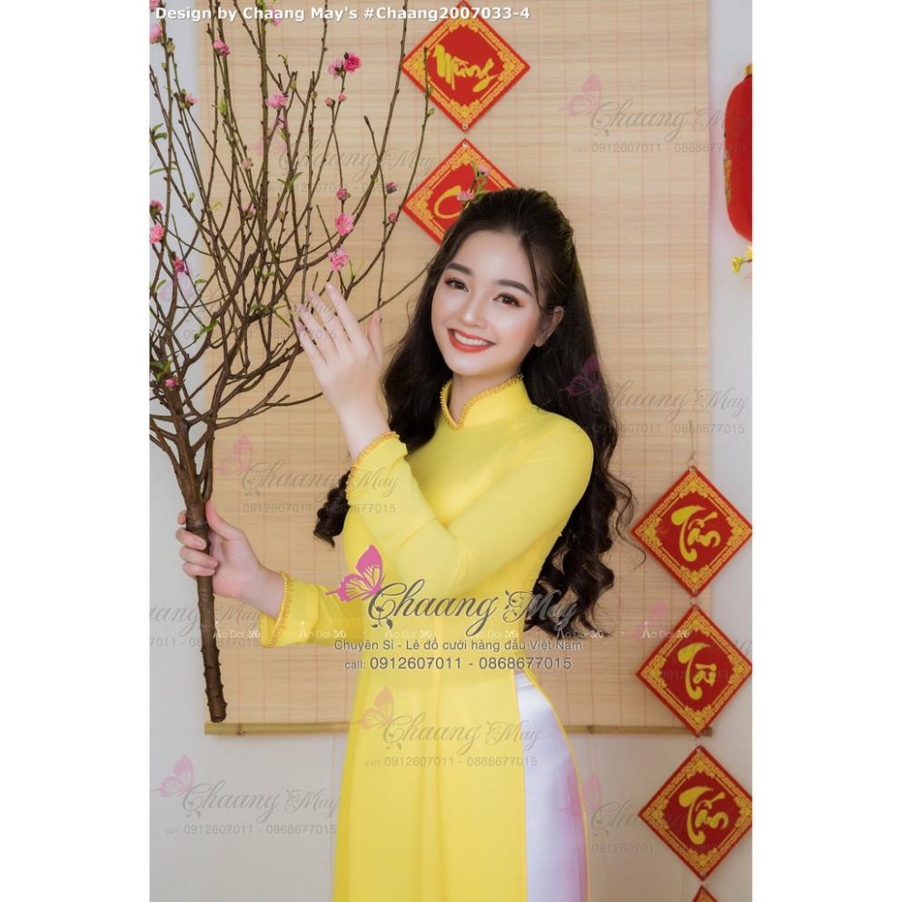 Áo dài vàng đính đá pha lê Chaang may sẵn vải áo dài truyền thống dự tiệc lễ tết đẹp