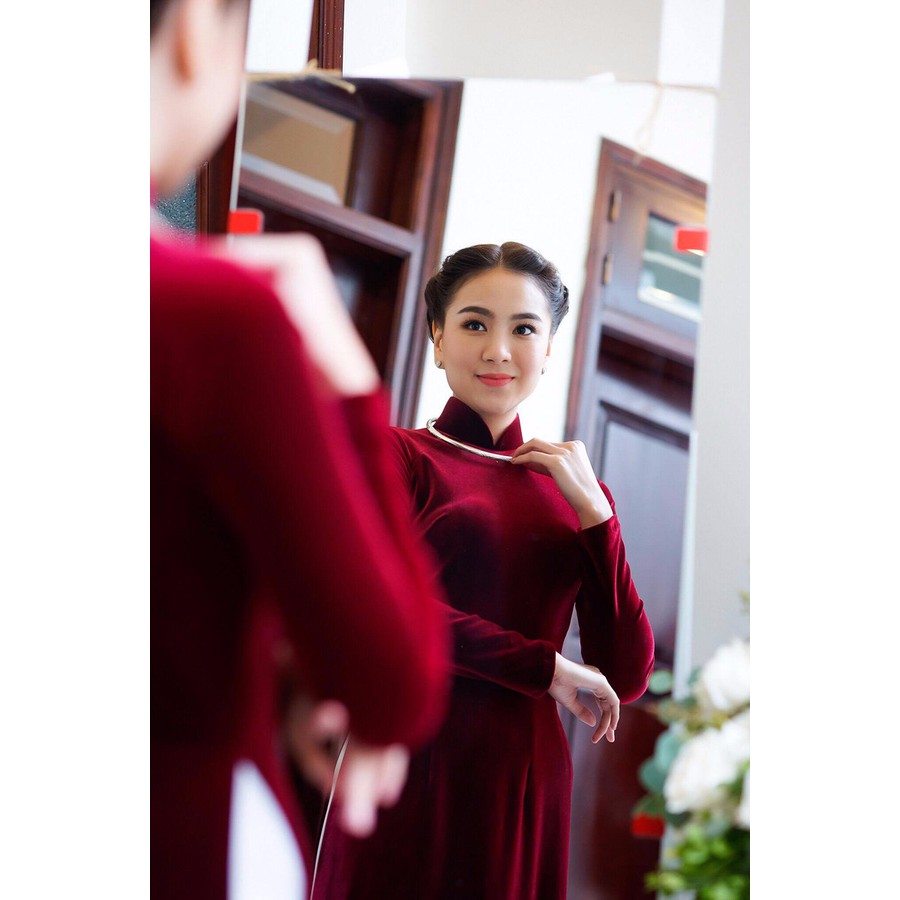 Áo Dài Nhung Đỏ Đô Đậm Truyền Thống May Sẵn Dự Tiệc Lễ Tết Đẹp Quý Phái