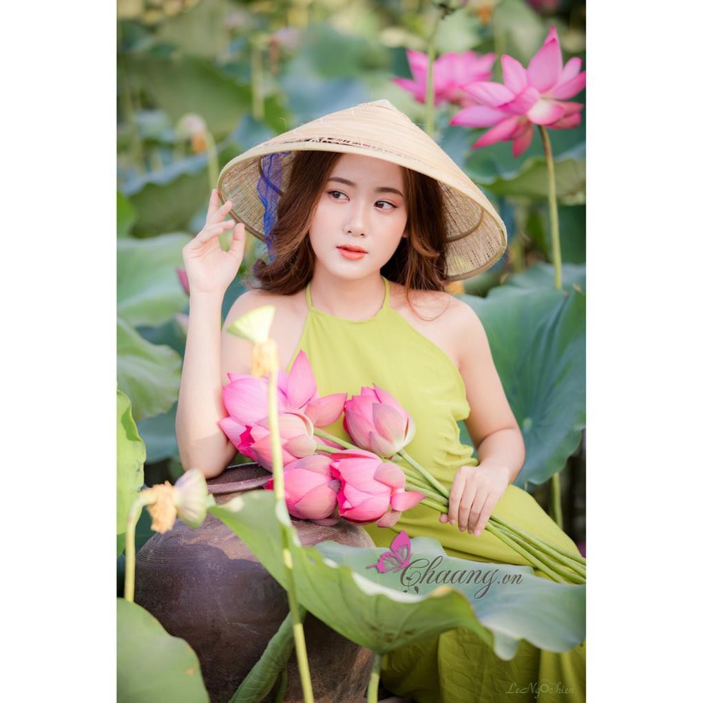 Áo dài cổ yếm hồng chụp sen CHAANG May sẵn dáng áo lụa 2 dây truyền thống dân tộc đẹp ADC514
