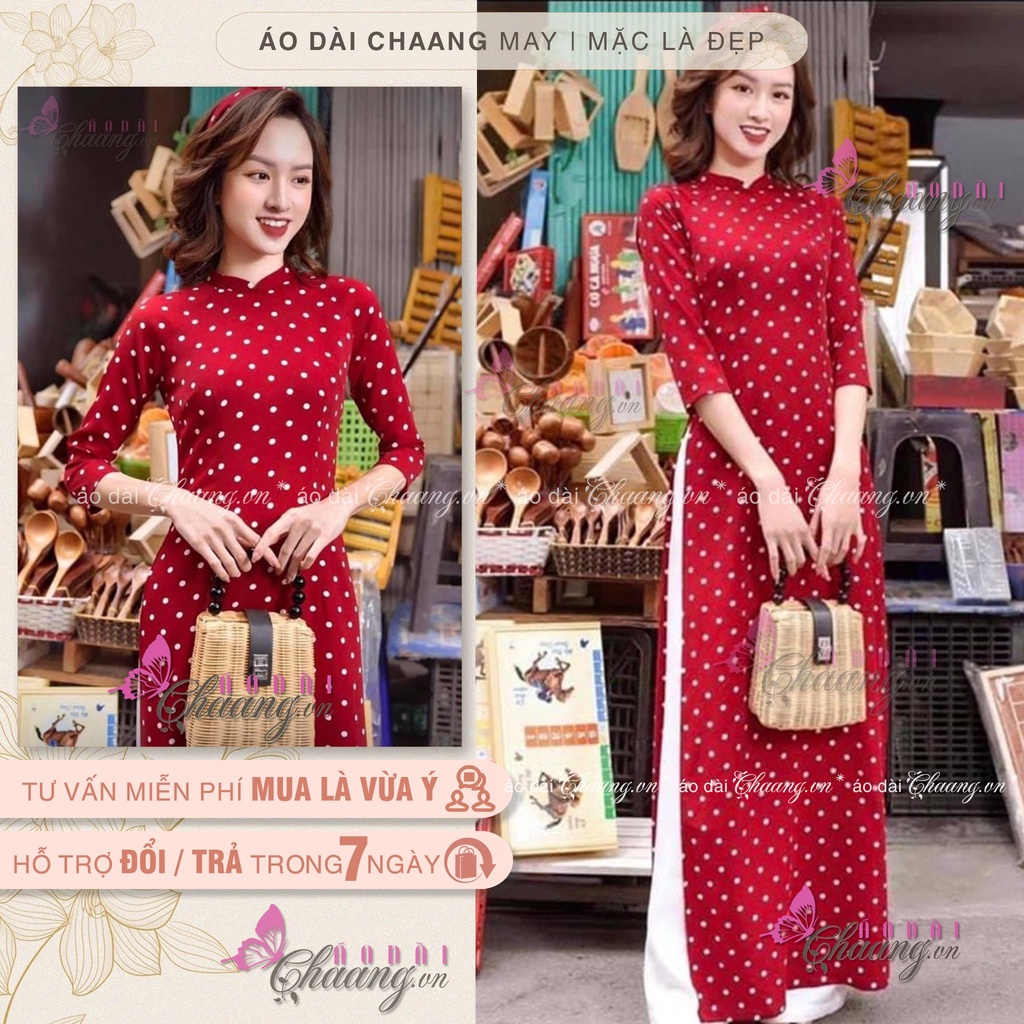 Áo Dài Tết Chấm Bi Đỏ Đô Cổ Vuông Tay Lỡ Truyền Thống Chất Lụa Thái Mặc Dự Tiệc Du Xuân Đẹp