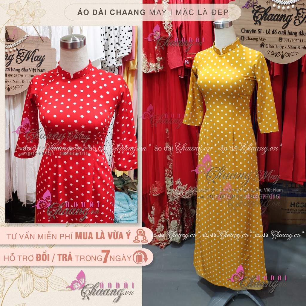 Áo dài đỏ chấm bi - Áo dài truyền thống may sẵn cổ vuông tay lỡ Lạu đẹp