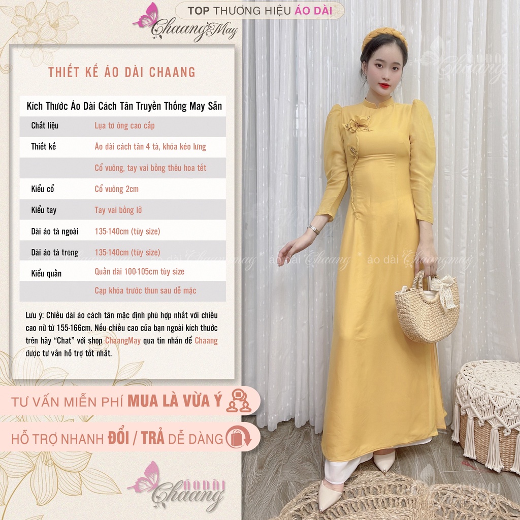 Áo Dài Cách Tân Nữ Hoa Tết Chaang May Thiết Kế Tơ Lụa 4 Tà Tay Vai Bồng Sẵn Dự Tiệc Đẹp Xinh CAD080