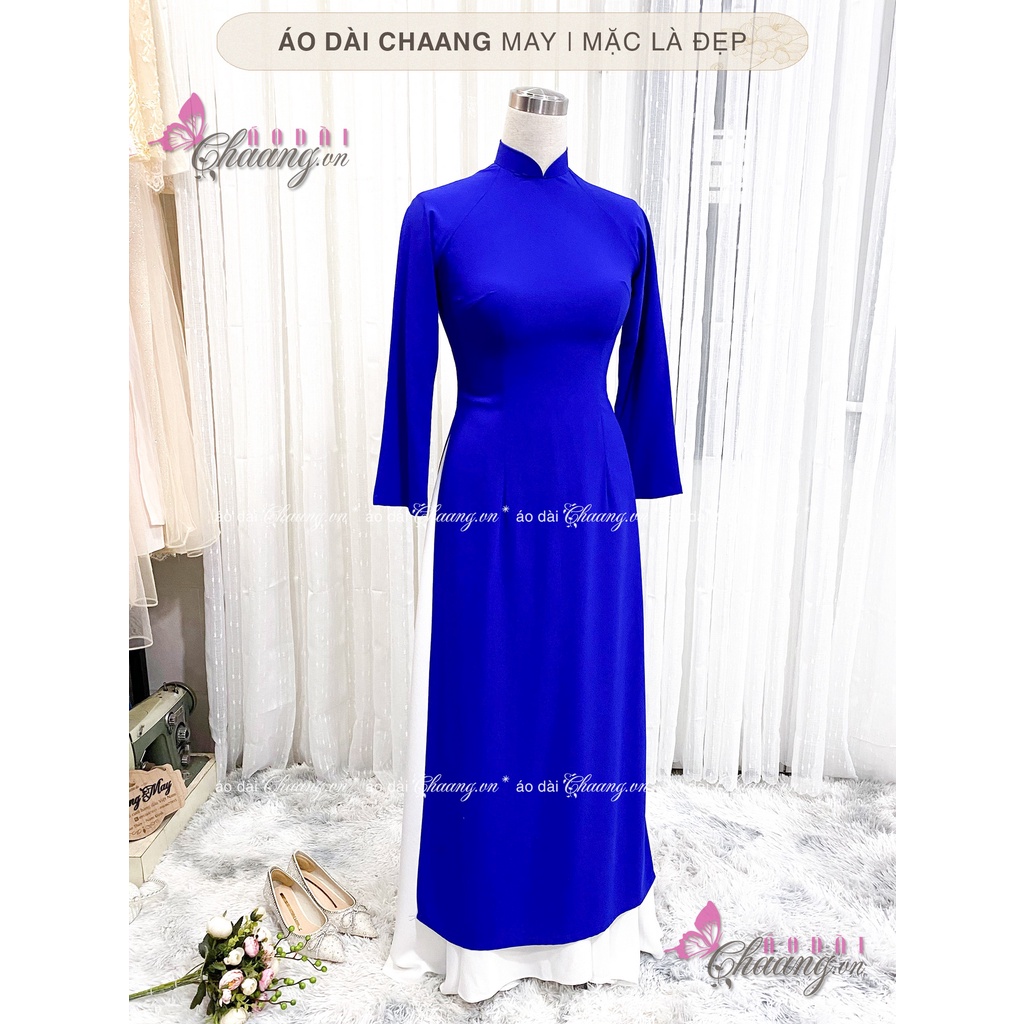 Áo dài xanh coban Chaang May sẵn áo dài truyền thống vải lụa đẹp