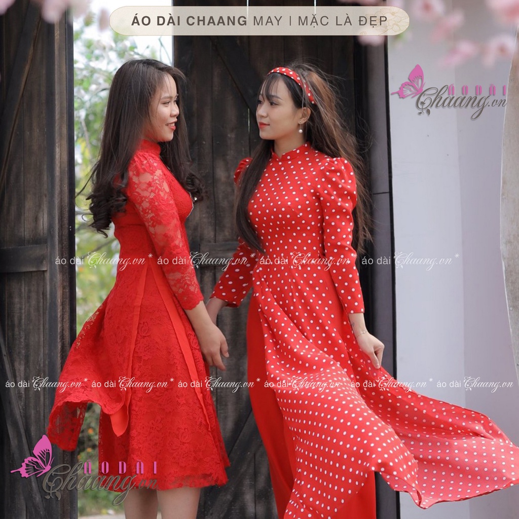 Áo Dài Truyền Thống Chấm Bi Vàng Vai Bồng May Sẵn Lụa Thái Cổ Vuông Đẹp ChaangBi08