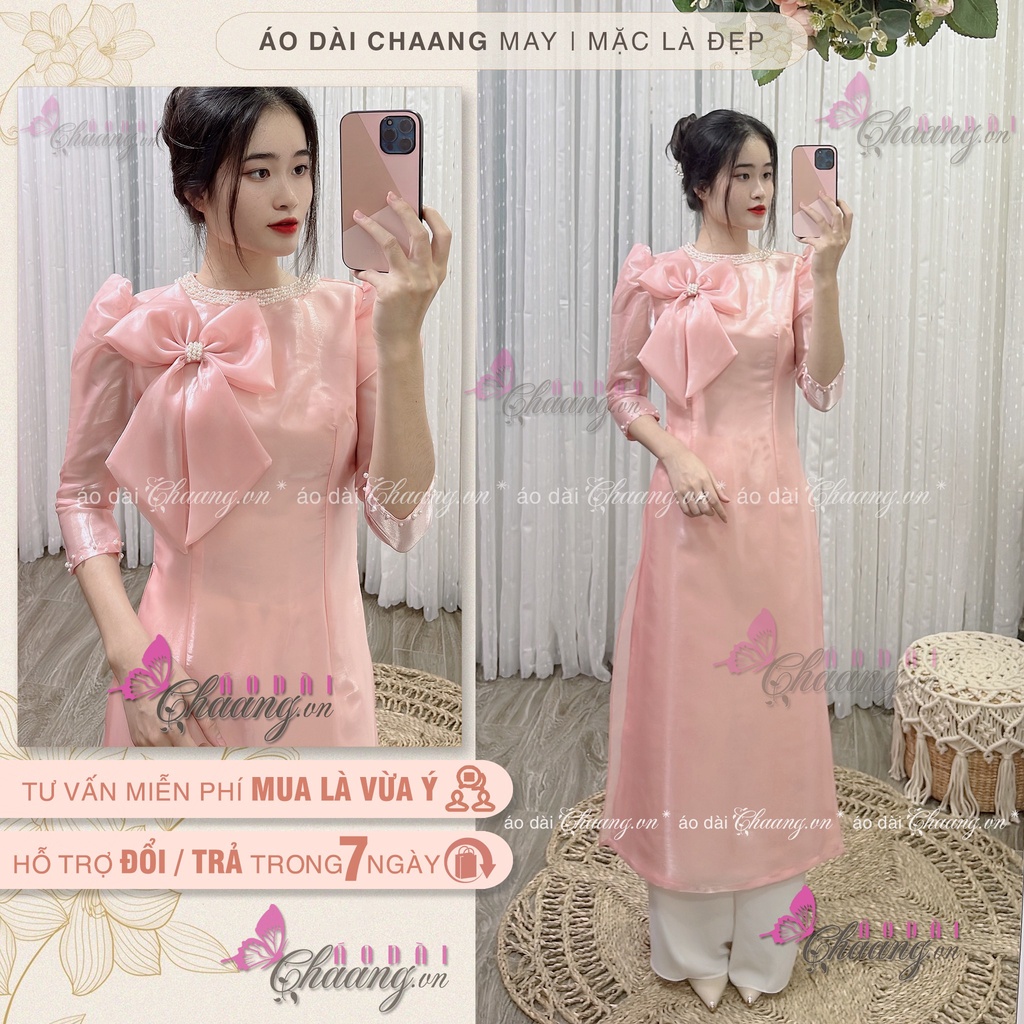 Áo dài cách tân tay lỡ bồng may sẵn áo dài 4 tà cổ tròn đính ngọc lụa tơ đẹp