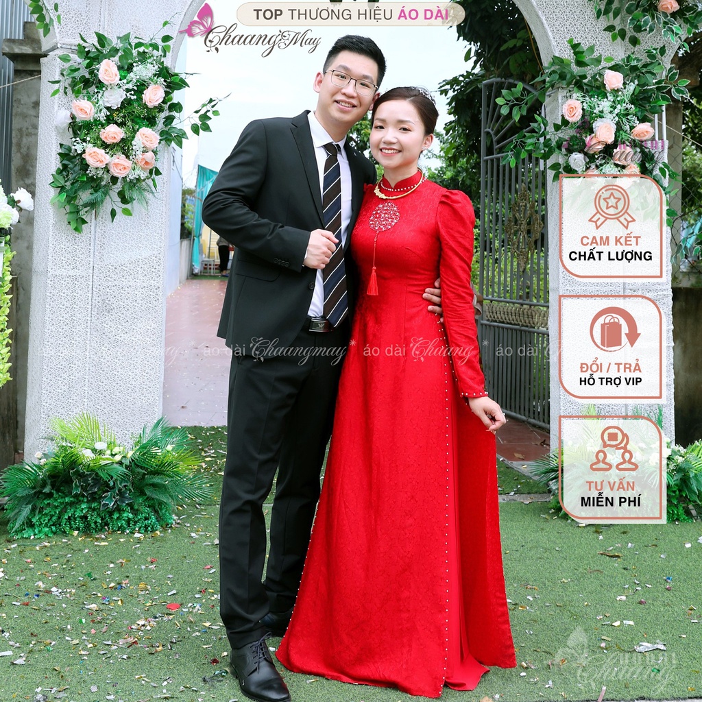 Áo dài cưới cô dâu chữ Hỷ tay vai bồng CHAANG May thiết kế Lụa Tơ Tằm đính ngọc cao cấp dự tiệc lễ tết đẹp