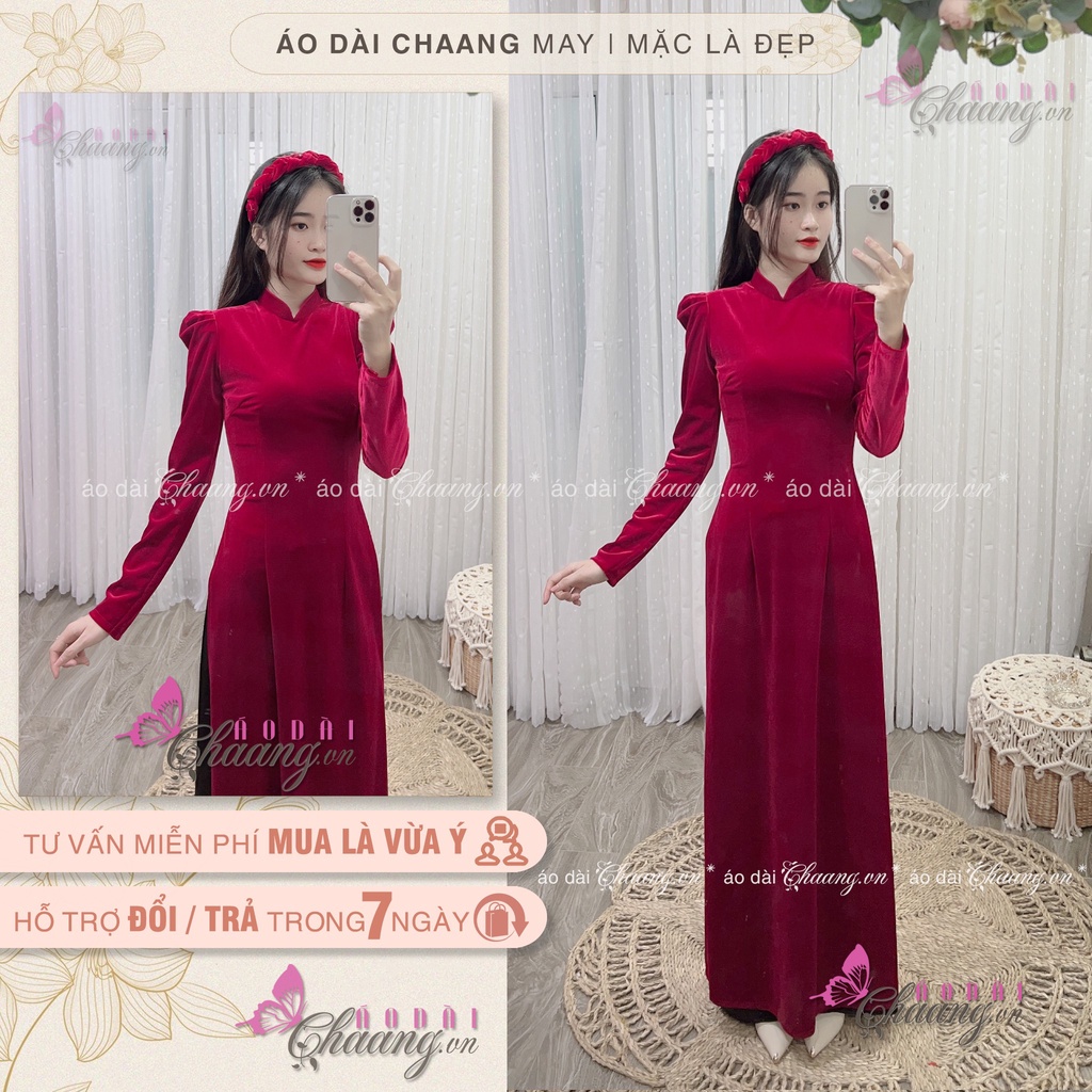 Áo dài nhung đỏ vai bồng may sẵn dáng truyền thống cổ cao tay phồng dài đẹp