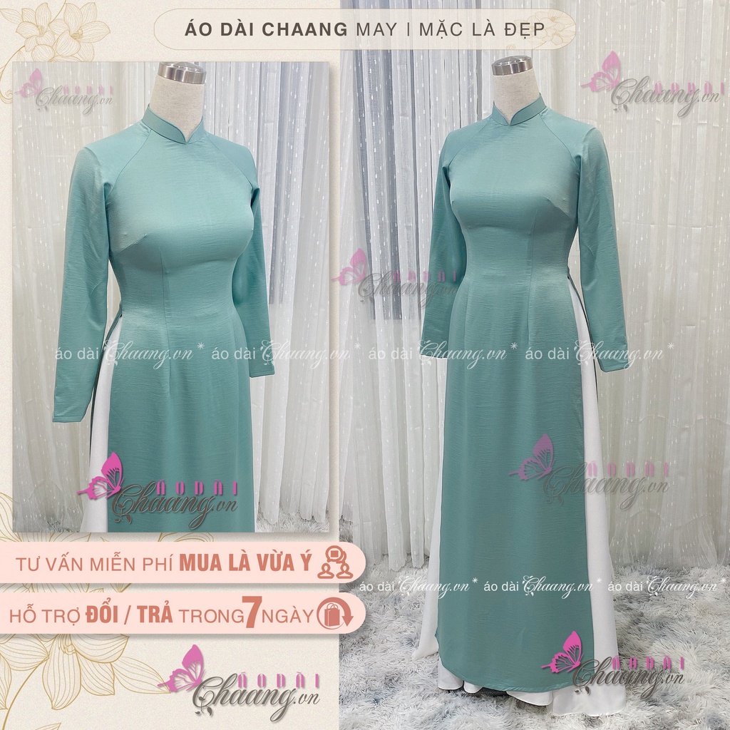 Áo dài lụa tuyết xanh đá Chaang may sẵn áo dài dáng truyền thống Việt Nam dự tiệc lễ tết đẹp