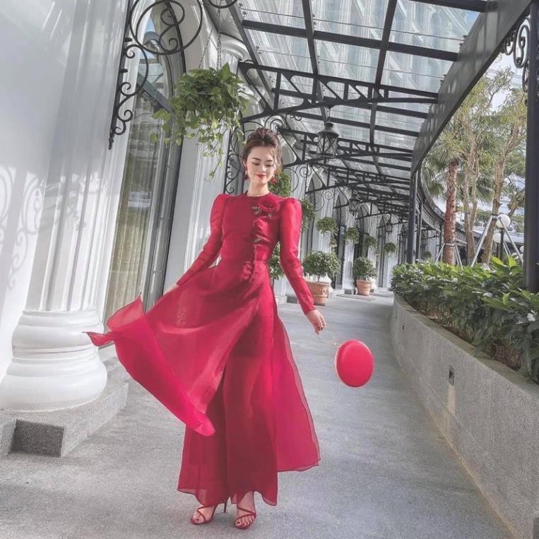 Áo Dài Cách Tân Nữ Cao Cấp May Sẵn Tay Bồng Lụa Tơ 4 Tà Cổ Tròn Kết Hoa Thủ Công Phù Hợp Dự Tiệc Lễ Tết Đẹp