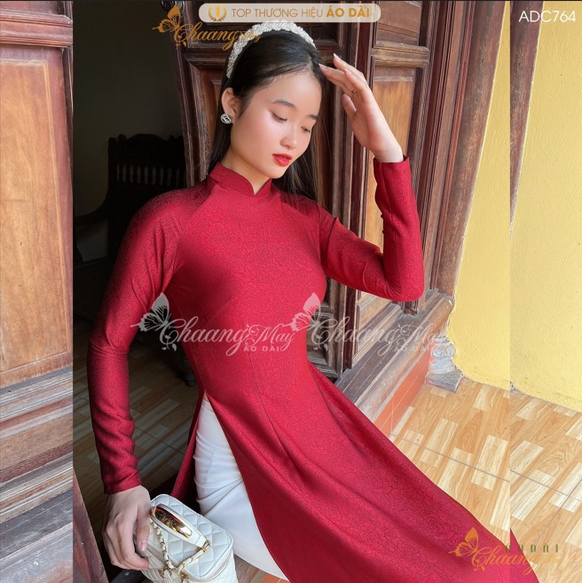 Áo dài gấm hoa gió đỏ đô truyền thống Chaang may sẵn áo dài cưới cô dâu cao cấp dự tiệc sự kiện lễ tết đẹp ADC764