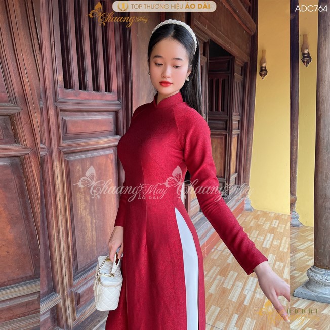 Áo dài gấm hoa gió đỏ đô truyền thống Chaang may sẵn áo dài cưới cô dâu cao cấp dự tiệc sự kiện lễ tết đẹp ADC764