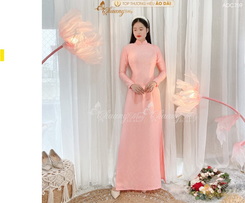 Áo dài truyền thống gấm hoa gió hồng cam Chaang may sẵn áo dài cô giáo trẻ trung niên dự tiệc cưới hỏi lễ tết đẹp ADC759