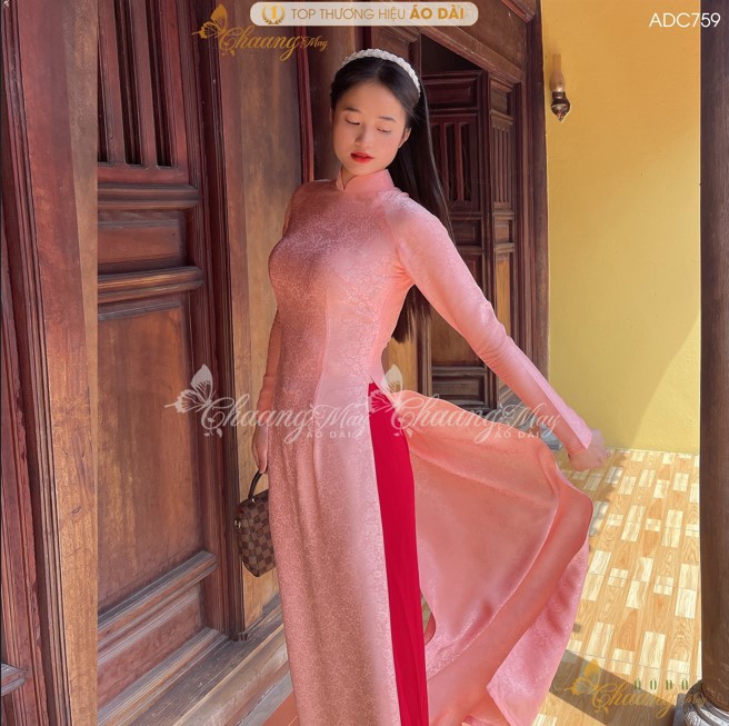 Áo dài truyền thống gấm hoa gió hồng cam Chaang may sẵn áo dài cô giáo trẻ trung niên dự tiệc cưới hỏi lễ tết đẹp ADC759