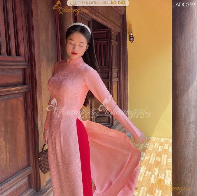 Áo dài truyền thống gấm hoa gió hồng cam Chaang may sẵn áo dài cô giáo trẻ trung niên dự tiệc cưới hỏi lễ tết đẹp ADC759