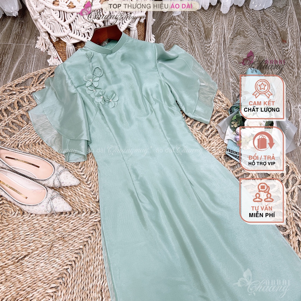 Áo Dài Cách Tân Nữ Hoa Xếp Nhẹ Thủ Công Chaang May Thiết Kế Sẵn Lụa Tơ Tay Cánh Tiên Dự Tiệc Lễ Tết Xinh Đẹp