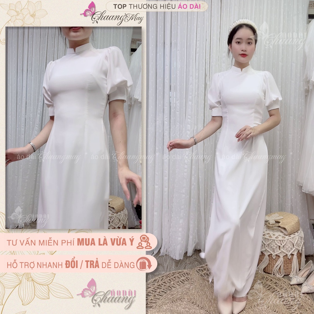 Áo Dài Cách Tân Nữ Tay Bồng Măng Séc Đỏ Mặc Dự Tiệc Lễ Tết Du Xuân Đẹp