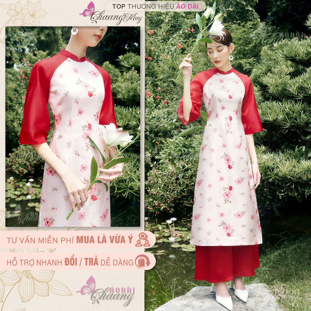 Áo dài cách tân nữ hoa nhí tràn CHAANG may sẵn vải lụa thiết kế 4 tà tay phối đỏ dự tiệc lễ tết đẹp ADC504
