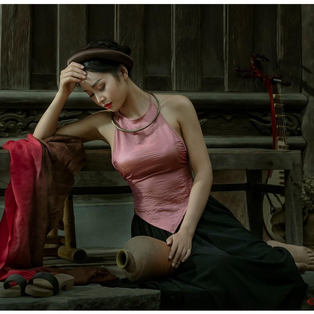 Áo yếm mảnh nâu đỏ đen trắng CHAANG may sẵn kết hợp cùng váy đụp ngắn chụp sen đẹp ADC212