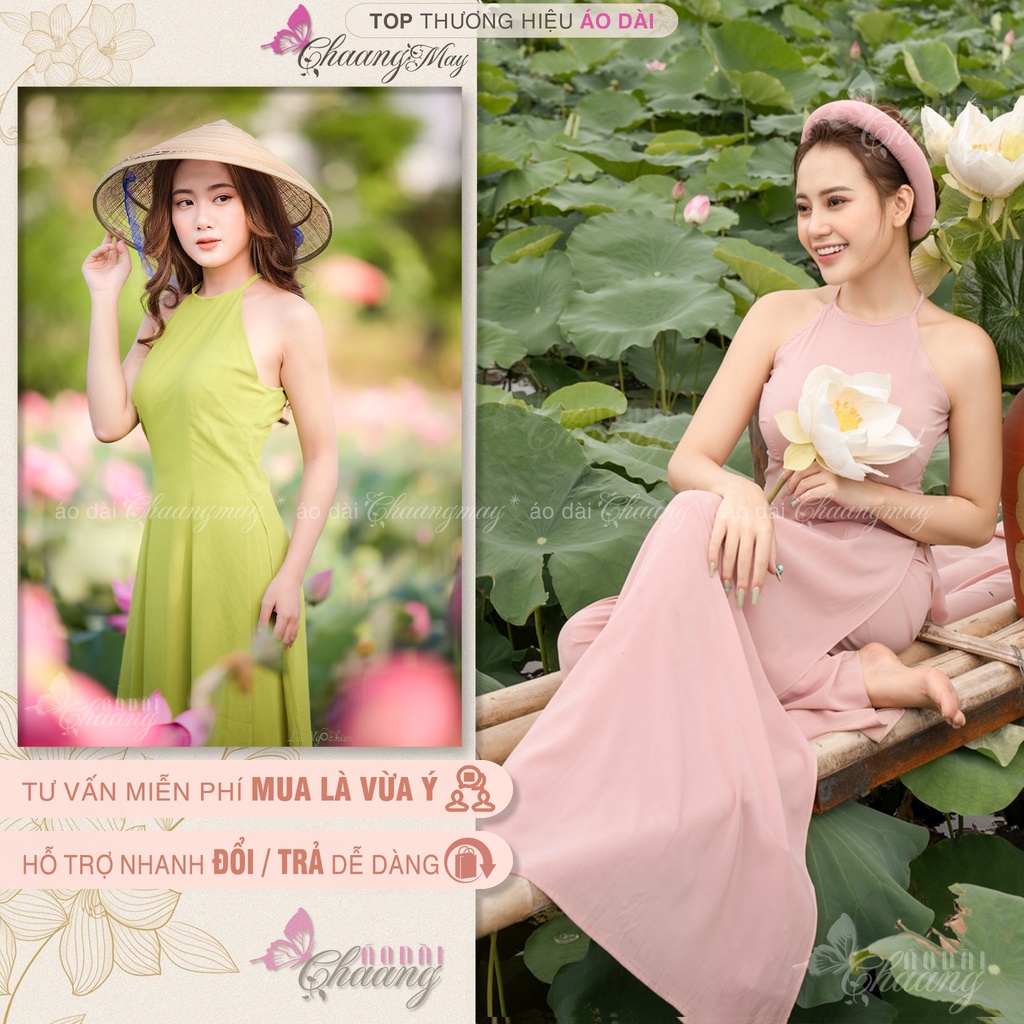 Áo dài cổ yếm hồng chụp sen CHAANG May sẵn dáng áo lụa 2 dây truyền thống dân tộc đẹp ADC514