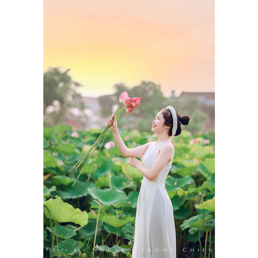 Áo yếm chụp sen dáng dài truyền thống CHAANG may sẵn 2 dây hở vai vải lụa trắng đỏ đen đẹp ADC202