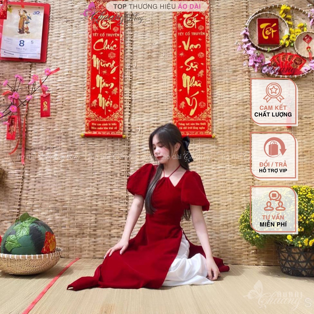 Áo dài cách tân nữ cổ yếm tay bồng CHAANG may sẵn lụa vai phồng 2 dây chụp hình dự tiệc lễ tết đẹp ADC512