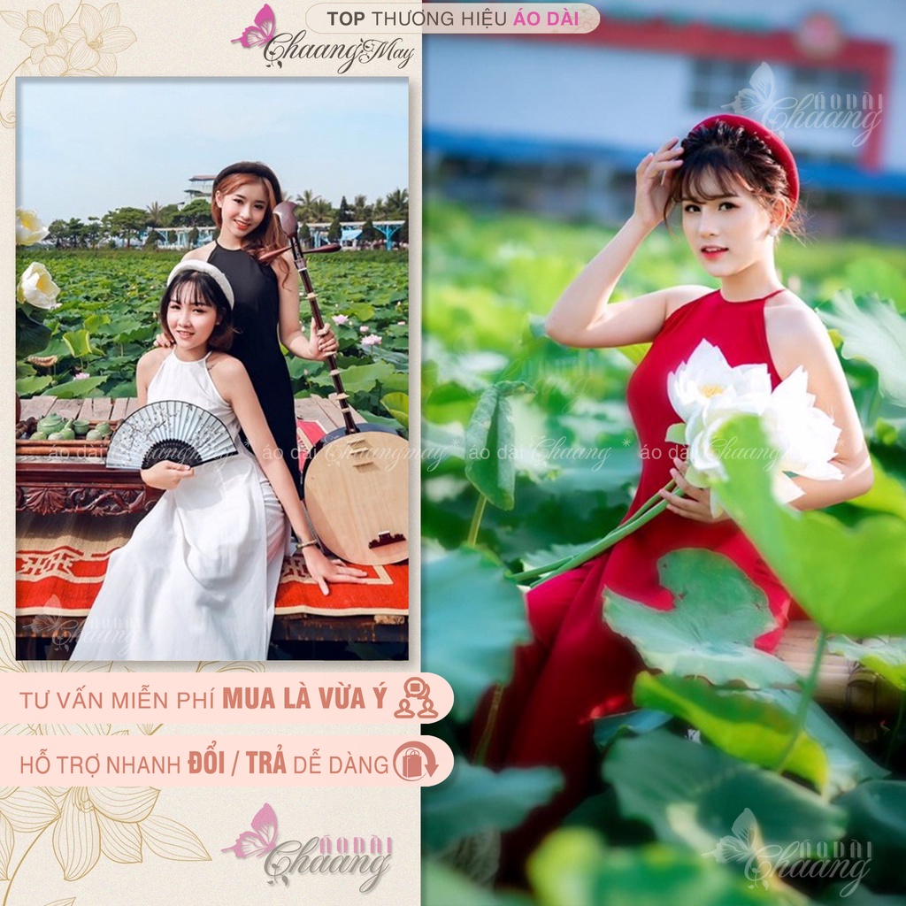 Áo yếm chụp sen dáng dài truyền thống CHAANG may sẵn 2 dây hở vai vải lụa trắng đỏ đen đẹp ADC202