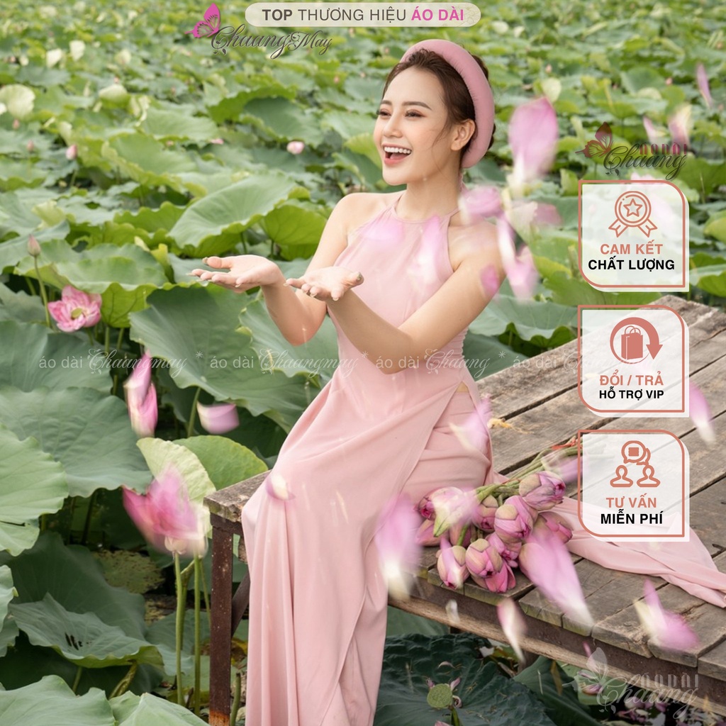 Áo dài cổ yếm hồng chụp sen CHAANG May sẵn dáng áo lụa 2 dây truyền thống dân tộc đẹp ADC514