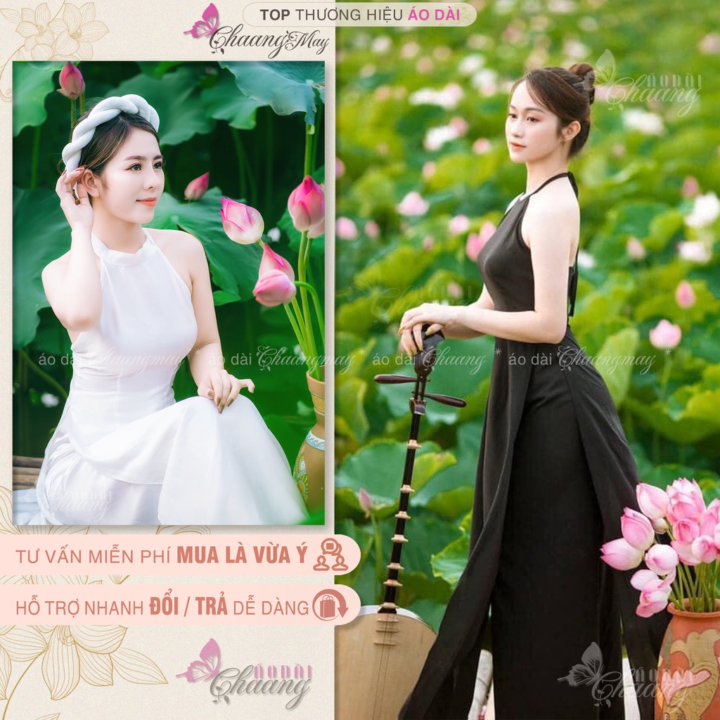 Áo dài yếm đụp chụp sen truyền thống CHAANG may sẵn 2 dây khoét hở lưng vải lụa trắng đỏ đen đẹp ADC201