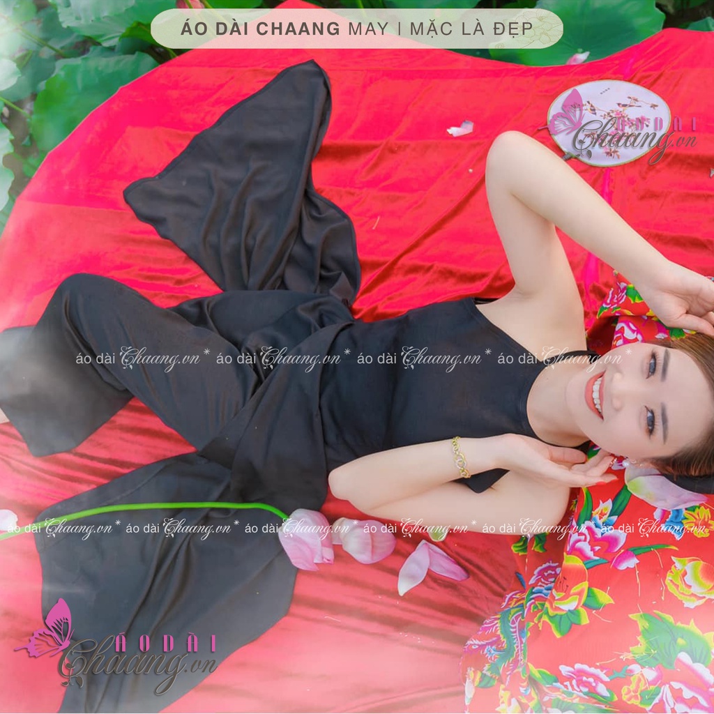 Áo dài yếm đụp chụp sen truyền thống CHAANG may sẵn 2 dây khoét hở lưng vải lụa trắng đỏ đen đẹp ADC201