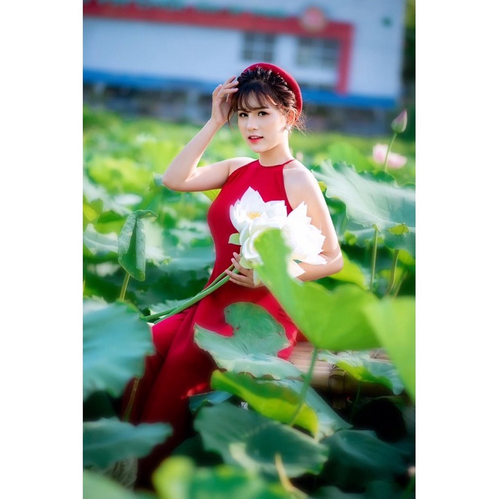 Áo yếm chụp sen dáng dài truyền thống CHAANG may sẵn 2 dây hở vai vải lụa trắng đỏ đen đẹp ADC202