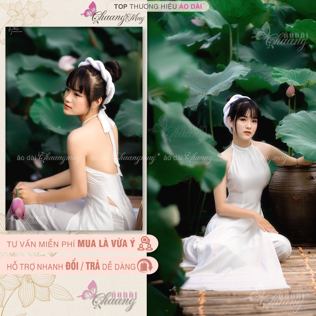 Áo dài yếm đụp chụp sen truyền thống CHAANG may sẵn 2 dây khoét hở lưng vải lụa trắng đỏ đen đẹp ADC201