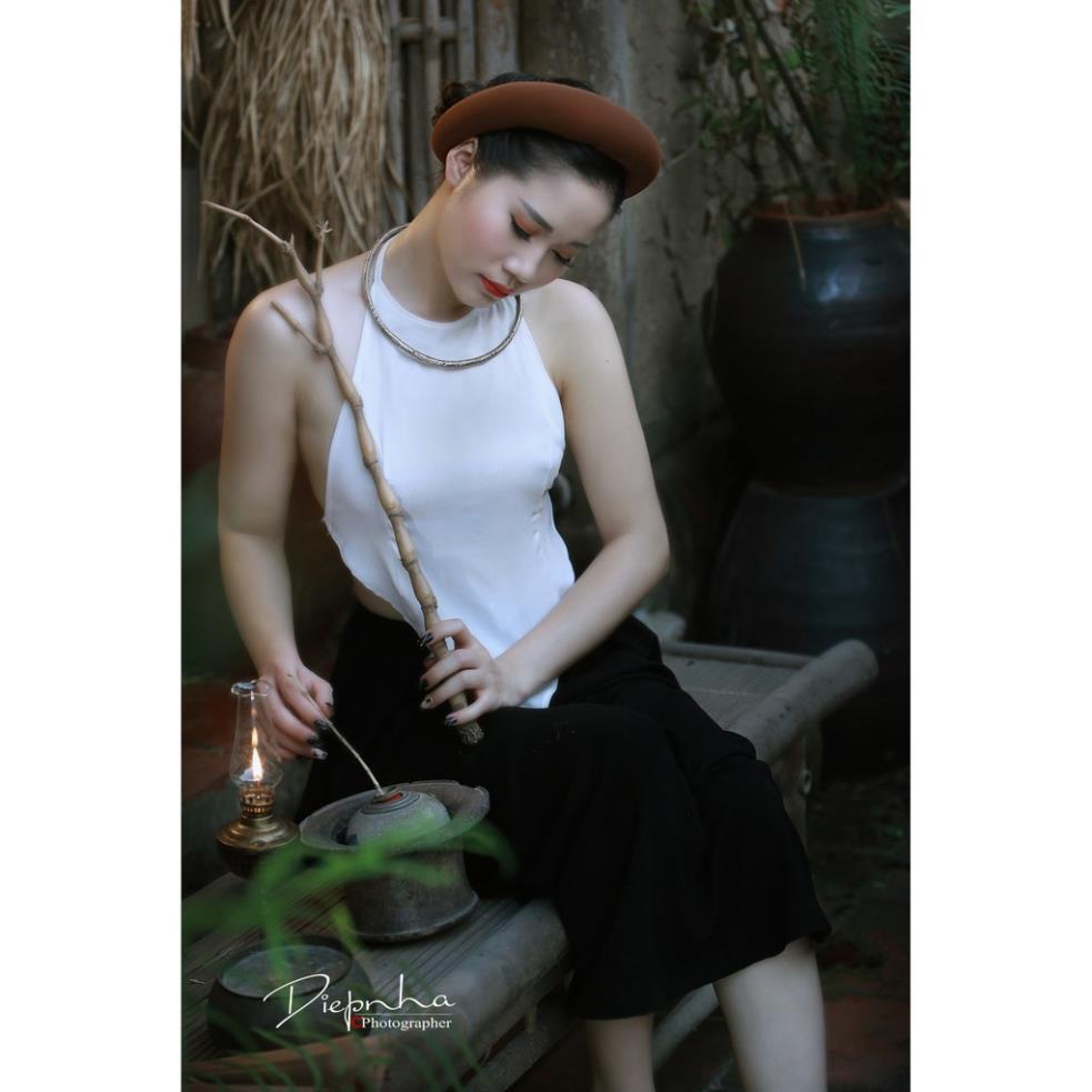 Áo yếm mảnh nâu đỏ đen trắng CHAANG may sẵn kết hợp cùng váy đụp ngắn chụp sen đẹp ADC212