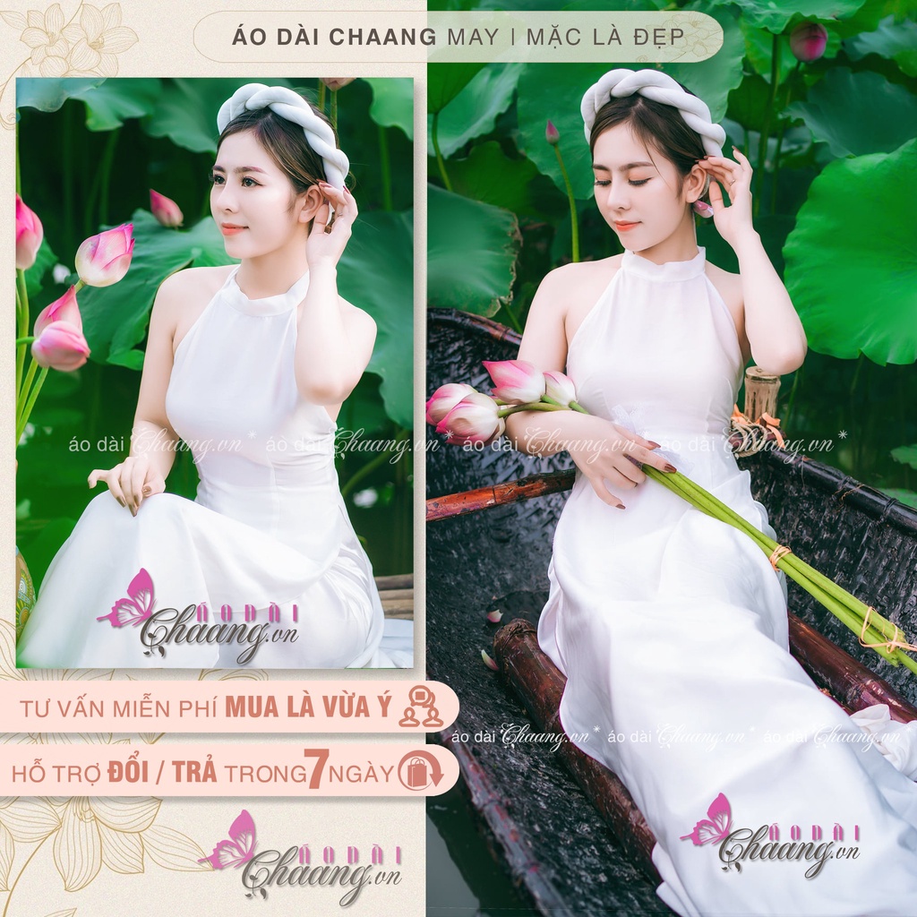 Áo dài yếm đụp chụp sen truyền thống CHAANG may sẵn 2 dây khoét hở lưng vải lụa trắng đỏ đen đẹp ADC201