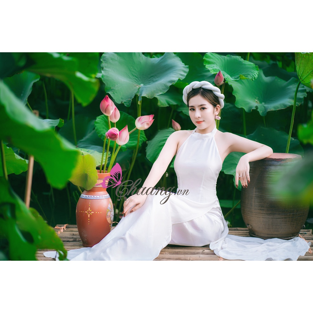 Áo dài yếm đụp chụp sen truyền thống CHAANG may sẵn 2 dây khoét hở lưng vải lụa trắng đỏ đen đẹp ADC201