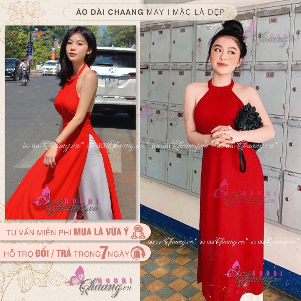 Áo dài yếm đụp chụp sen truyền thống CHAANG may sẵn 2 dây khoét hở lưng vải lụa trắng đỏ đen đẹp ADC201