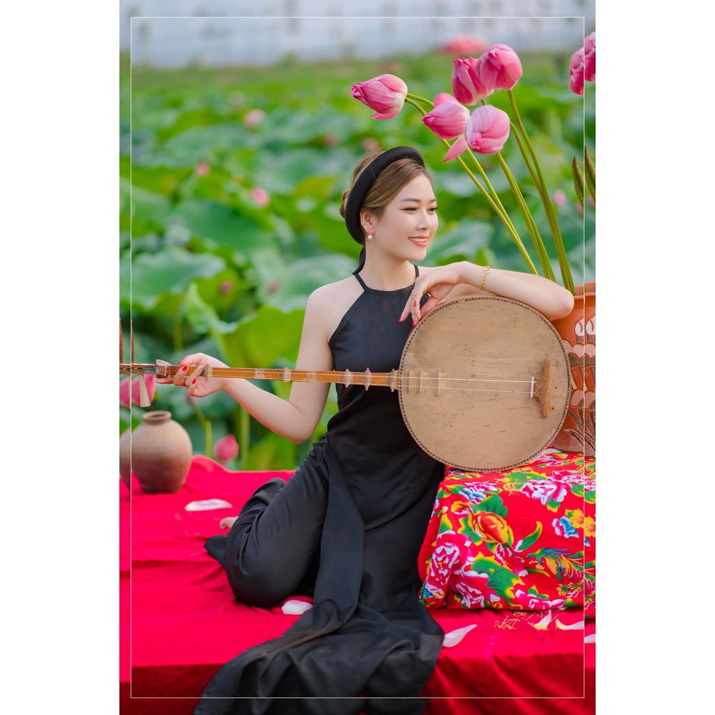 Áo dài yếm đụp chụp sen truyền thống CHAANG may sẵn 2 dây khoét hở lưng vải lụa trắng đỏ đen đẹp ADC201