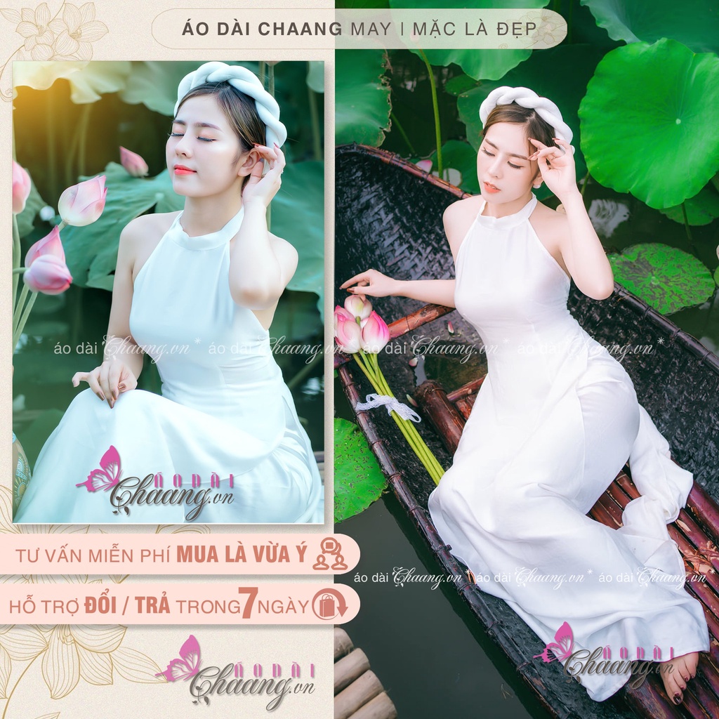Áo dài yếm đụp chụp sen truyền thống CHAANG may sẵn 2 dây khoét hở lưng vải lụa trắng đỏ đen đẹp ADC201