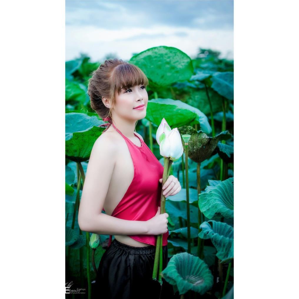 Áo yếm mảnh nâu đỏ đen trắng CHAANG may sẵn kết hợp cùng váy đụp ngắn chụp sen đẹp ADC212